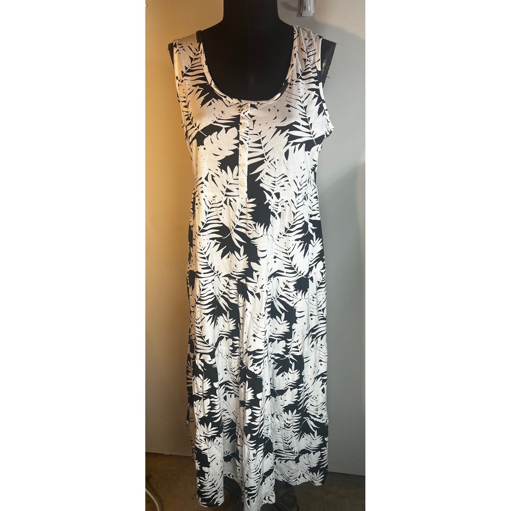 Marisota Womens Black White Tropical Leaf Print Cotton Tiered Maxi Dress Size 14